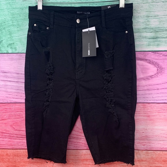 FASHION NOVA dirty little secret Black High Waist ripped Bermuda denim short NWT - Picture 7 of 11